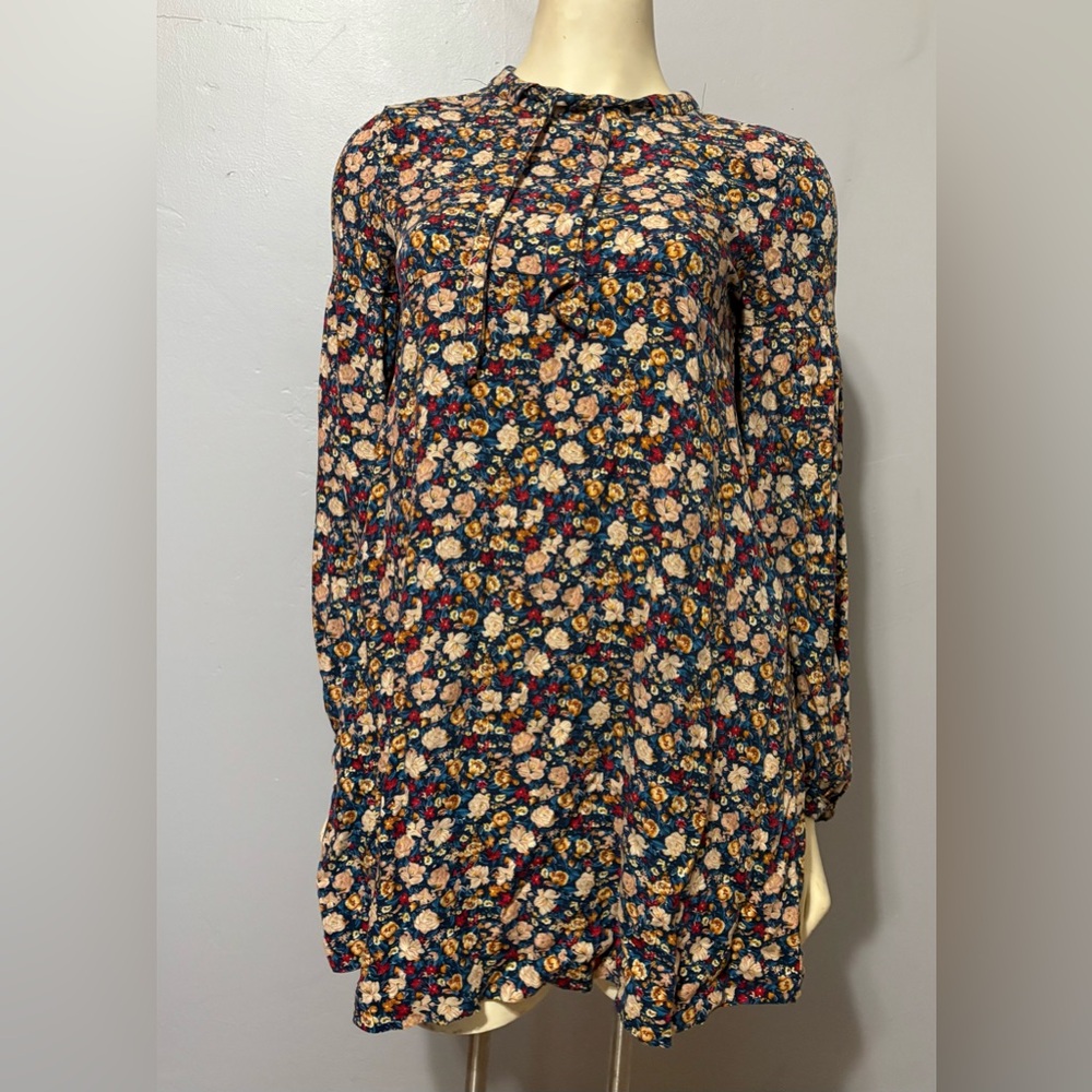 Zara-Boho Floral Smocked Long Sleeve Chocker Neck Midi Dress Size M Blue Spain